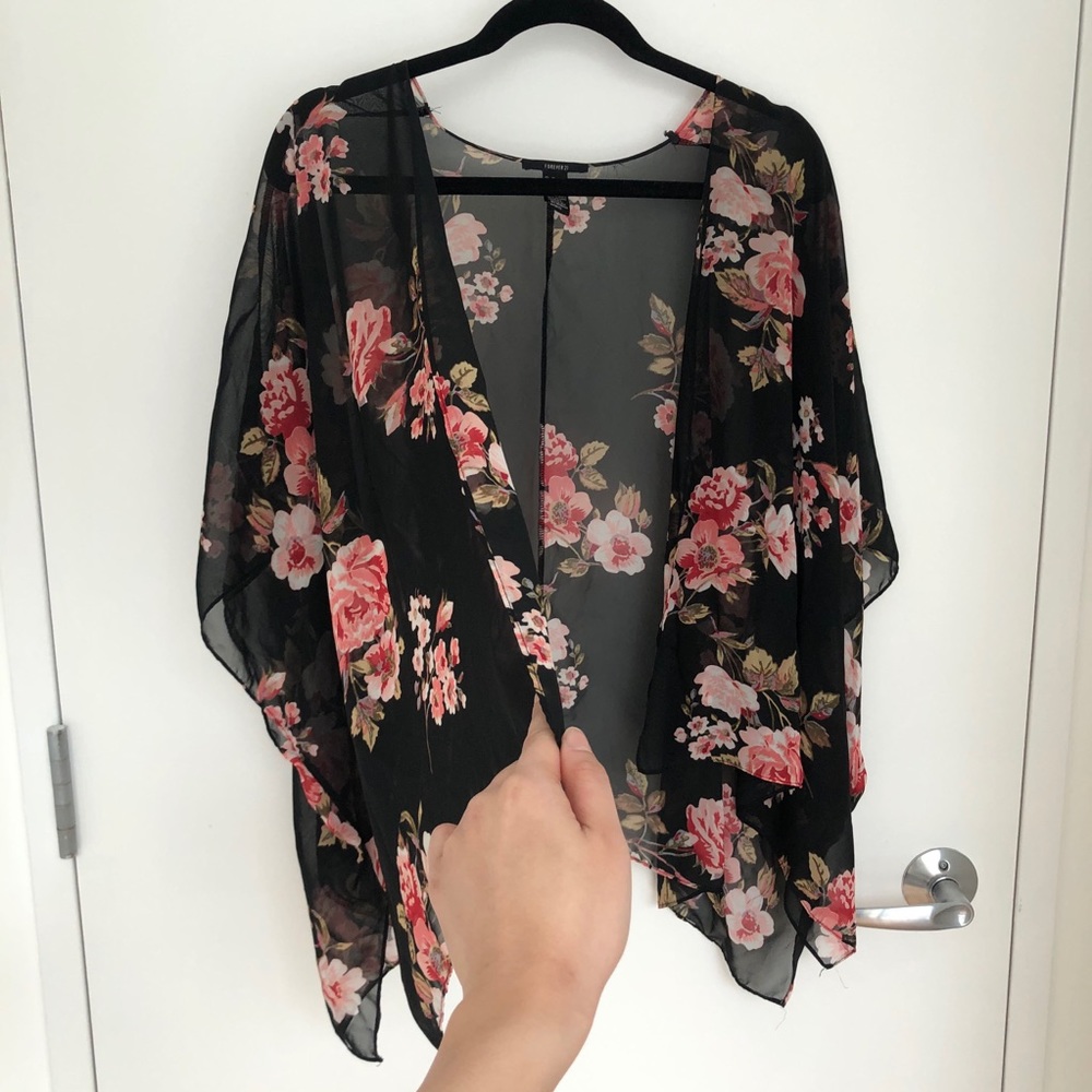 Forever21 Black Floral Sheer Cardigan Wrap